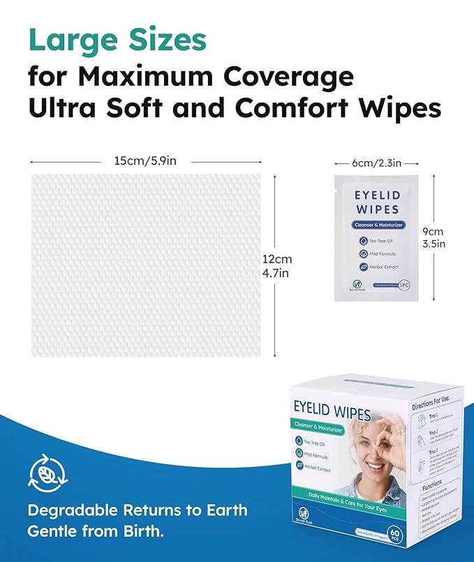 60 Packs Eyelid Cleansing Wipes for Dry Eye & Blepharitis + 30 Packs Steam Eye Masks Lanvender