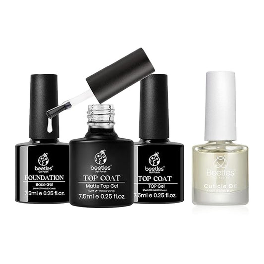 Beetles Gel Nail Polish Base No Wipe Top Coat，and 7.5ml Cuticle Oil, Gel Nail Cuticle Oil Care for Dry