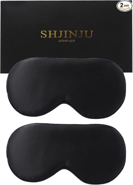 2-Pack 100% Real Natural Silk Eye Mask, Silk Sleeping Mask, Shade Puffy Eye Gift with Adjustable Straps, Sleep Eye Mask, SHJINJU Eye Mask Shade (Black and Black)