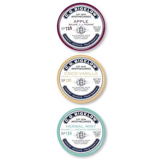 C.O. Bigelow All Purpose Salves, Variety Pack of 3 Lip Balm Tins for Chapped Lips & Dry Skin, Coco Vanilla, Apple, Herbal Mint Moisturizing Lip and Skin Salves, 0.8 oz each