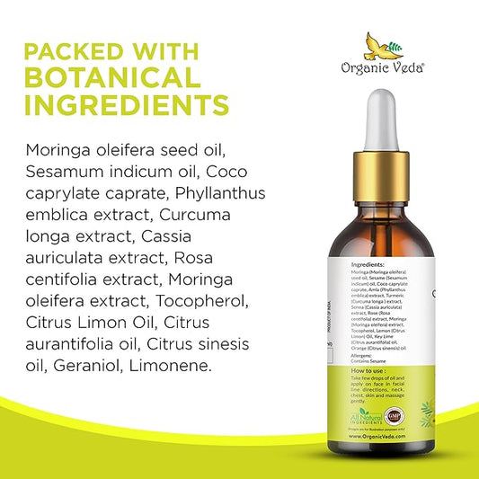 Organic Veda Moringa Face Oil - Hydrating, Fast Absorbing, Miracle Tree Antioxidants, Facial Serum - Organic Moringa Oil, Turmeric, Rose -Anti-Aging, Non-Greasy Day & Night Beautifying Oil -50ml