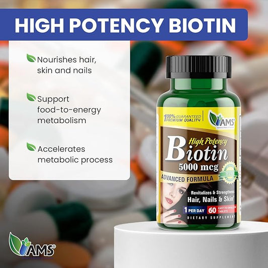 America Medic & Science High Potency Biotin 5,000 mcg | Vitamin B7 Dietary Supplement for Men and Women | Hair Growth Support | for Healthy Skin, Nails, and Metabolism