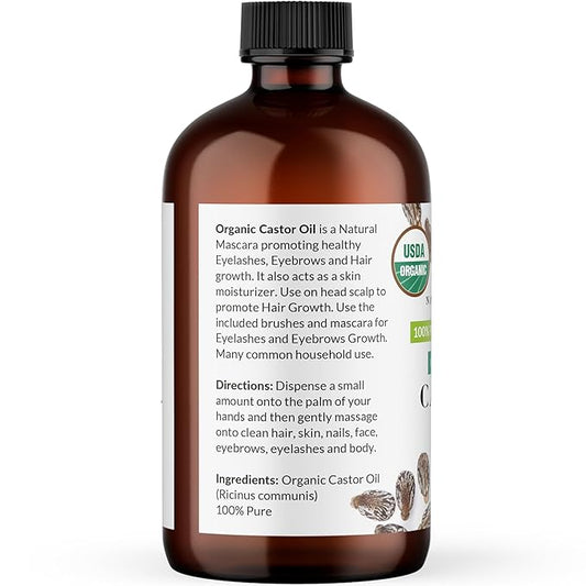 NaturoBliss Castor Oil Organic (2oz), 100% Pure, Cold Pressed, Hexane Free. Volumizing Serum for Hair, Eyelashes, Eyebrows. Hair Treatment Starter Kit & Skin Moisturizer