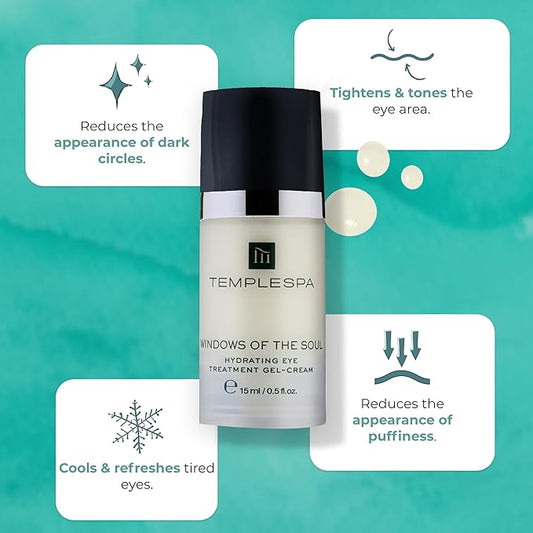 TEMPLESPA | WINDOWS OF THE SOUL | Hydrating Lightweight Eye Treatment Gel-Cream to Refresh Tired Eyes, Soothe, Tighten & Tone the Eye Area, Natural Ingredients, Cruelty-Free, Vegan, 0.5 fl.oz.