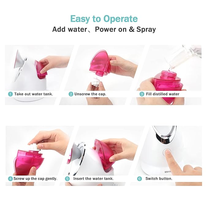 EZBASICS Facial Steamer Ionic Face Steamer for Home Facial, Warm Mist Humidifier Atomizer for Face Sauna Spa Sinuses Moisturizing, Unclogs Pores, 1 Pack + 5 Stainless Steel Skin Kit Pink