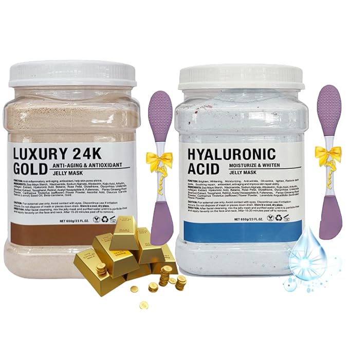 Jelly Mask Powder for Facials,Hyalorunic Acid Moisturizing Jelly Face Mask,24k Gold Jelly Face Mask,Face Masks with Double-ended Silicone Brush, 23 Fl Oz