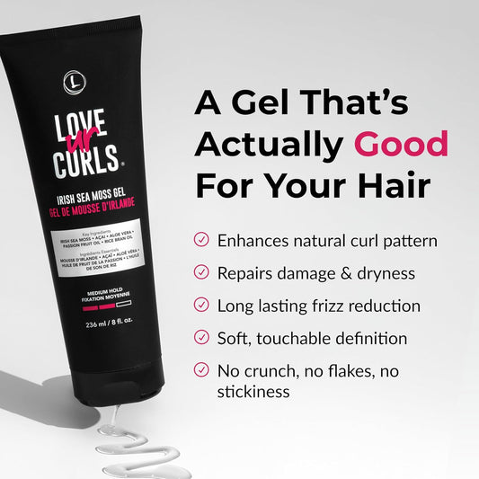 Love Ur Curls Irish Sea Moss Hair Gel, Medium Hold Hair Styling Curling Gel for Defined Curly Hair, Waves & Coils, Vegan, Cruelty Free, 236mL