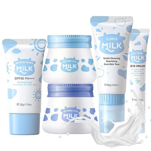 Milk Face Routine Set, 5Pcs Moisturizing Facial Skin Care Sets, Long-lasting Hydrating, Enhance Skin Elasticity, Face Care Kit Include Cream, Cleanser, Eye Cream, Moisturizer, Sunscreen