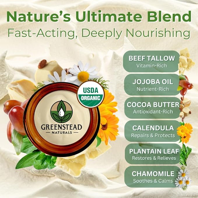 Organic Beef Tallow for Skin – USDA-certified Whipped Tallow Balm for Skin Face and Body with Jojoba Oil and Cocoa Butter – Unscented and Herb-Infused – 2 oz.