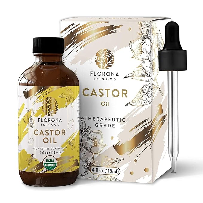 FLORONA Castor Oil 4 fl oz for Hair, Lashes & Brows 100% Pure & Cold-Pressed USDA Certified Organic to Strengthen, Moisturize & Condition