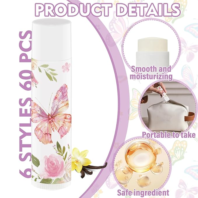 50Pcs Butterfly Baby Shower Favors Lip Balm Bulk Thank You Gift for Women Staff Moisturizing Lip Care with Organza Bag and Tag for Bridal Shower Mother's Day Party Favor Supplies (Butterfly)