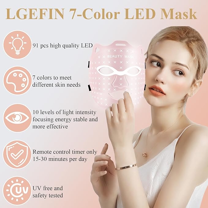 Red Light Therapy For Face,Led Face Mask Light Therapy, 7 Color Red Light Therapy Mask, Rechargeable,Portable,Household Led Face Mask (Pink)