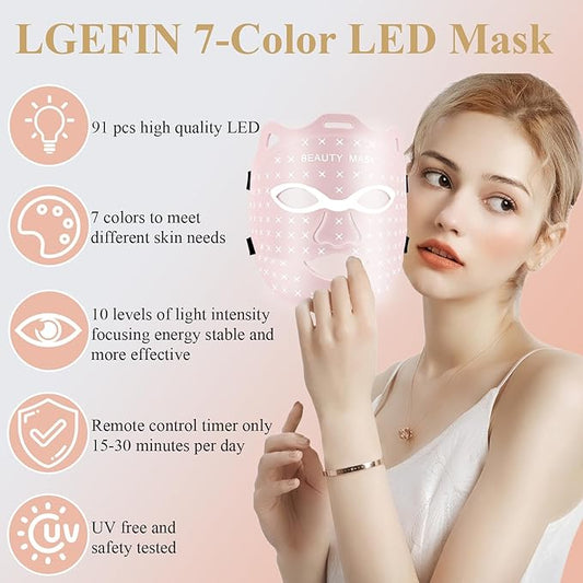 Red Light Therapy For Face,Led Face Mask Light Therapy, 7 Color Red Light Therapy Mask, Rechargeable,Portable,Household Led Face Mask (Pink)