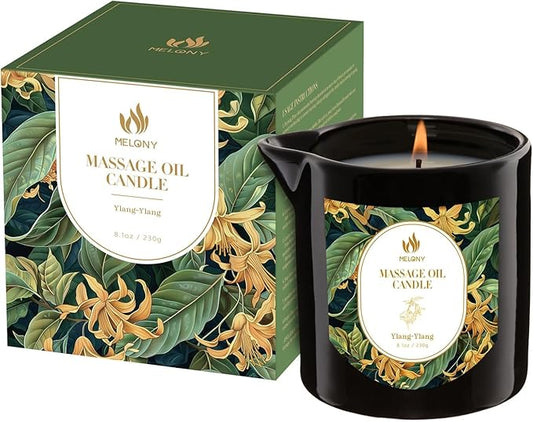 MELONY Massage Oil Candles, Essential Oil+Soy Based, 8.1OZ/230g, Home Spa with Luxurious Body Oil & Lotion Candle, Intensive Skin Treatment Candle, Low Temp Body Safe Wax (Ylang - Ylang)