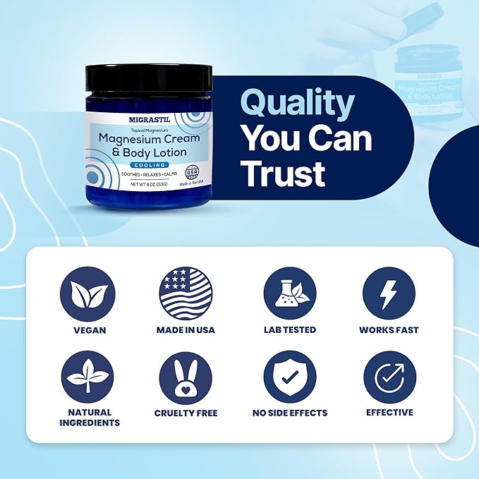 Cooling Magnesium Cream & Body Lotion - Promotes Sleep and Soothing Relief for Sore Muscles, Leg Discomfort, Etc. 4oz. Made in The USA.
