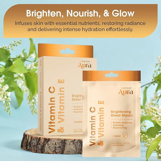 Face Sheet Mask with Vitamin C & E - Dermatologist Tested Korean Beauty Mask for Brightening & Deep Hydration - Premium Facial Treatment for Glowing & Rejuvenated Skin - 5 Pack