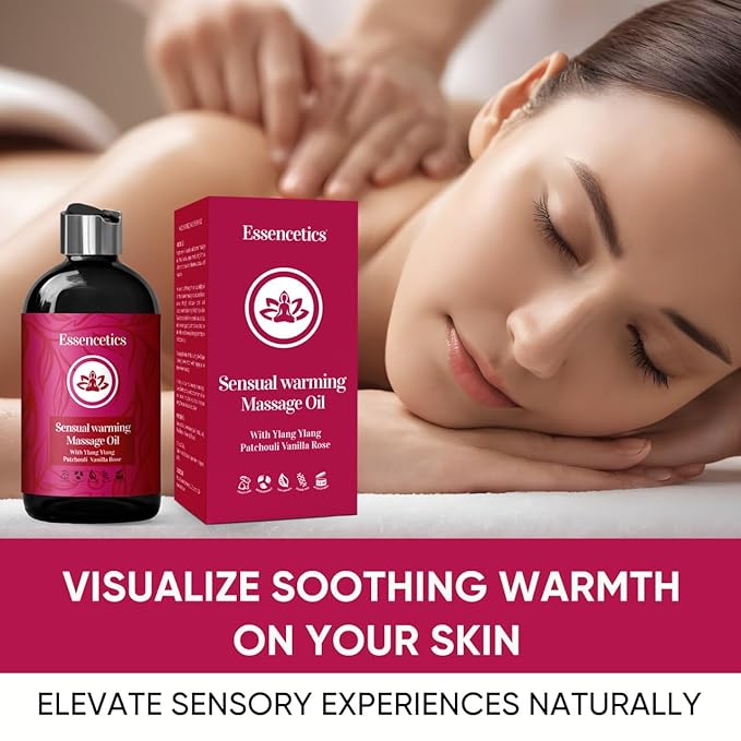 Massage Oil 8 oz - Organic Body Massage Oil with Ylang Ylang, Patchouli & Vanilla Rose - Relaxing Massage Therapy