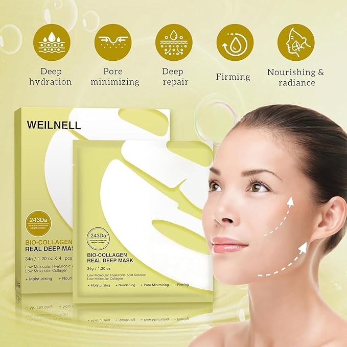 Bio-Collagen Overnight Collagen Face Mask, Deep Collagen Anti-Wrinkle Lifting Glass Glow Face Mask for Moisturizing, Firming, Glowing Skin Care, Bio Collagen Sheet Mask for All Skin Types, 4 Packs