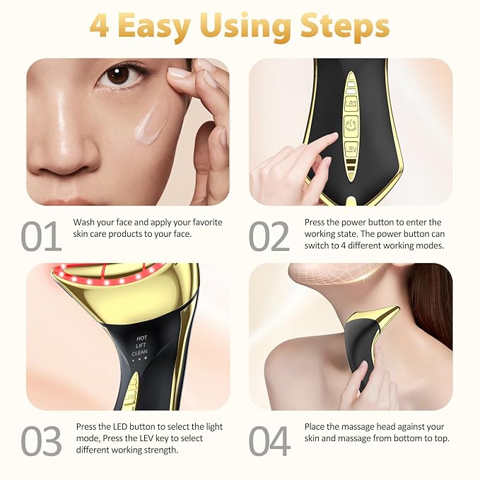 Neck and Face Sculptor with 7-in-1 Led for Skin Care,Water Resistant True Beauty Glow Facial Massager (Black-Gold)