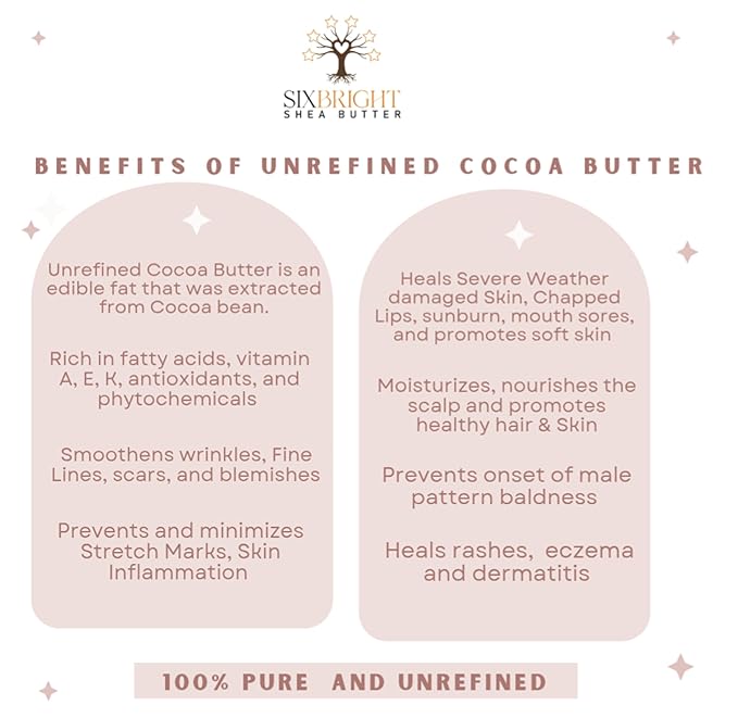 Sixbright UNREFINED, 100% PURE, FOOD GRADE, NATURAL COCOA BUTTER- Repairs Body Scars, Stretch Marks, Dry & Cracked Skin- Great for DIY's Beauty products-16 Ounce -(Pack of 1)- Chocolate Aroma