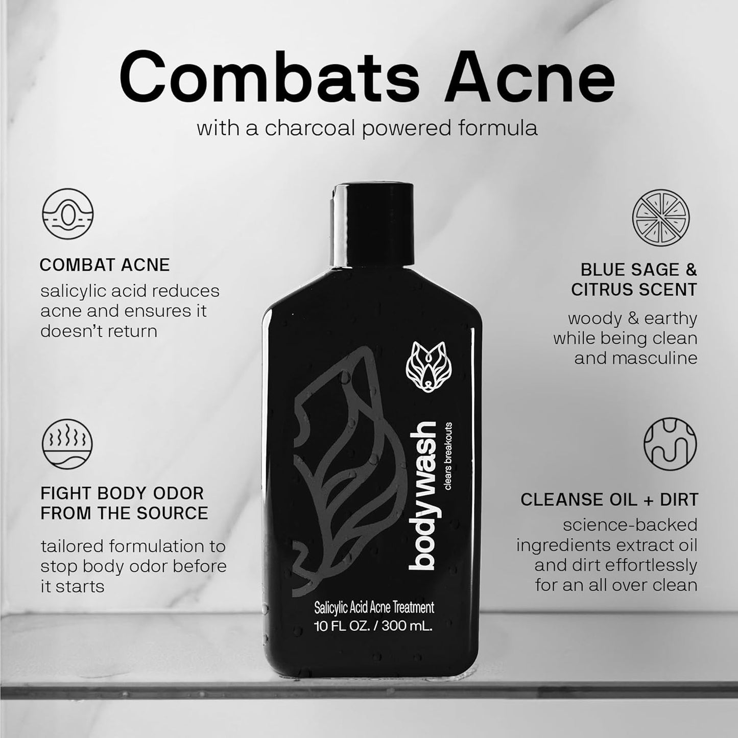 Black Wolf Salicylic Acid Body Wash for Men - 10 Fl Oz, 2-Pack - Men's Acne Body Wash - Charcoal Helps Reduce Acne Breakouts & Cleanse Your Skin - Full Coverage & Deep Clean Treatment - Men's Bodywash
