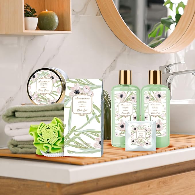 Spa Gifts for Women, Bath Sets, 7Pcs Spa Gift Set w/Shower Gel, Bubble Bath, Bath Salts, Bath Bomb, Body Lotion, Christmas Gifts for Women, Magnolia & Jasmine Bath Set