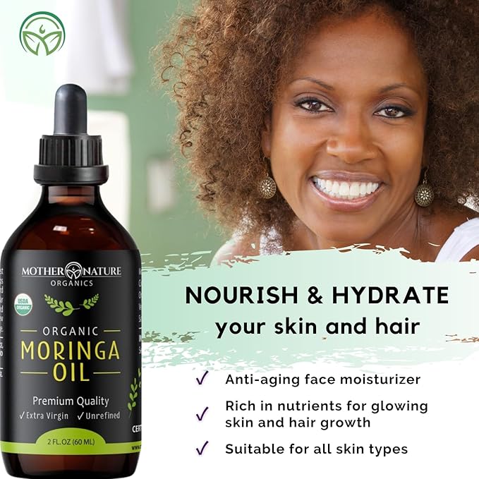 Moringa Oil - USDA Certified Organic, 100% Pure, Cold Pressed & Unrefined Gluten Free Oil (2oz) - Natural Moisturizer for Skin, Face, Body & Hair - Non-GMO & Vegan