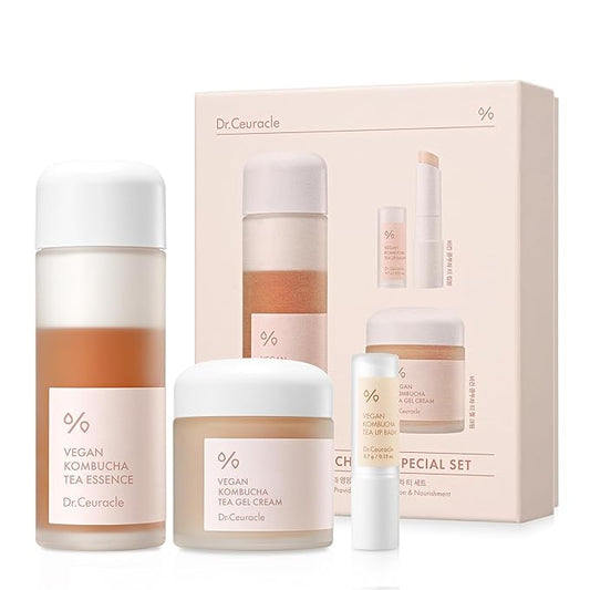 Dr.Ceuracle Vegan Kombucha Tea Special Set - Korean Hydrating and Nourishing Skincare Gift Set included Essence, Gel Cream, Lip Balm