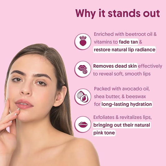 Beetroot Lip Scrub with Shea Butter & Cocoa Butter – For Dark, Chapped & Pigmented Lips – Suitable for Men and Women - 0.5 FL Oz / 15gm