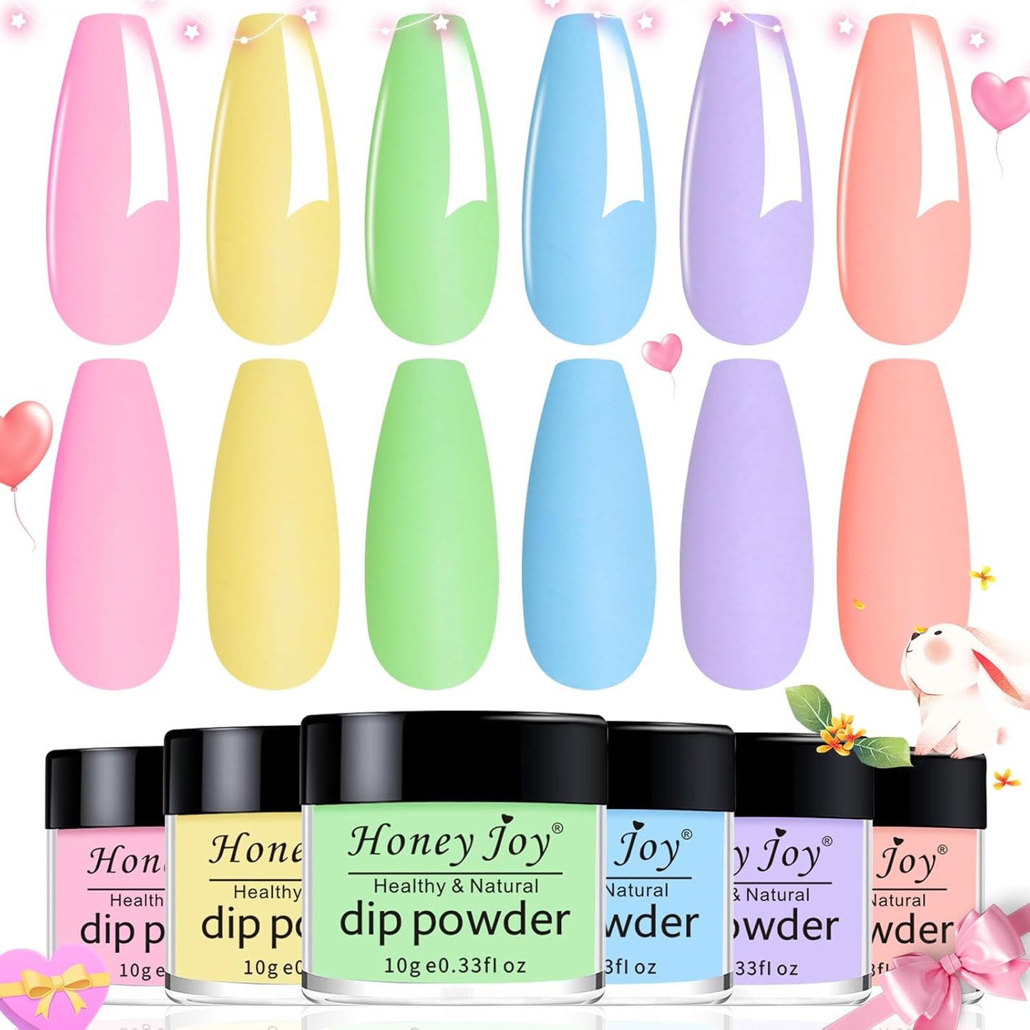 Neon Dip Powder Set, Honey Joy 6 Colors Pink Yellow Purple Green Blue Spring Sumer Dipping Powder Set Nail Art Manicure DIY Salon Home Gifts for Women, No Need Nail Lamp Cured, DP-U