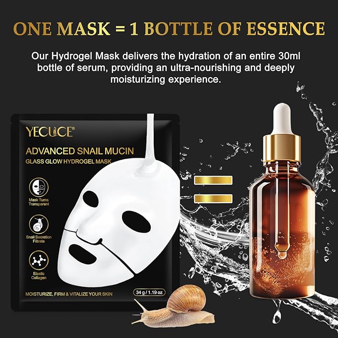 Snail Mucin Mask - Collagen Face Mask, 6 EA Face Sheet Mask with Advanced Snail Mucin Serum, Hydrating Facial Masks Skincare, Overnight Hydrogel Face Mask for Women, Korean Skin Care Glass Glow
