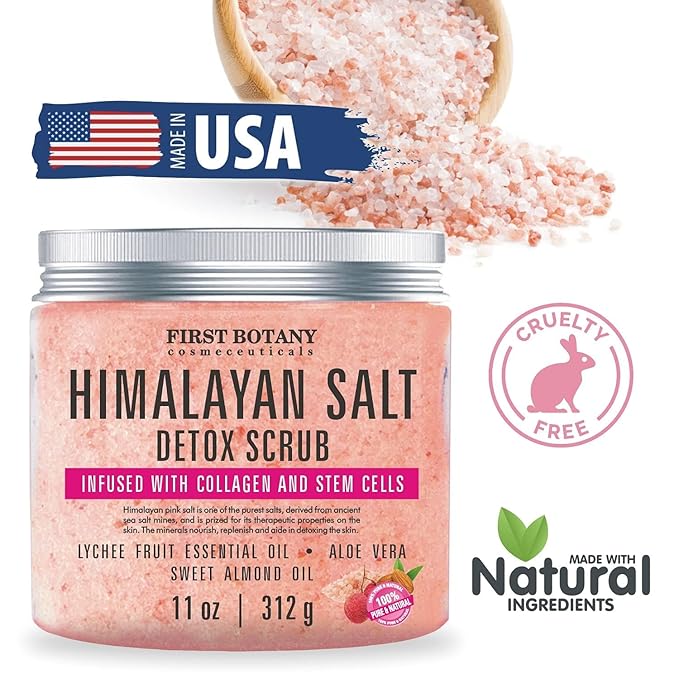 First Botany Himalayan Salt Body Scrub with Collagen & Stem Cells, Natural Exfoliating Salt Scrub Body & Face Souffle (20 oz)