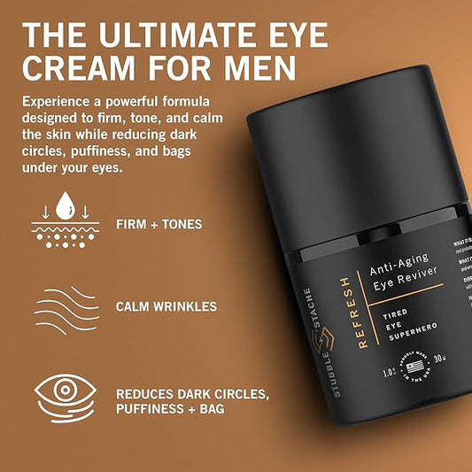stubble & stache Refresh Under Eye Cream for Men – Reduces Puffiness, Smooths Fine Lines, Brightens Tired Eyes – With Acmella, Caffeine & Hyaluronic Acid – Fast-Absorbing, Fragrance-Free – 1oz