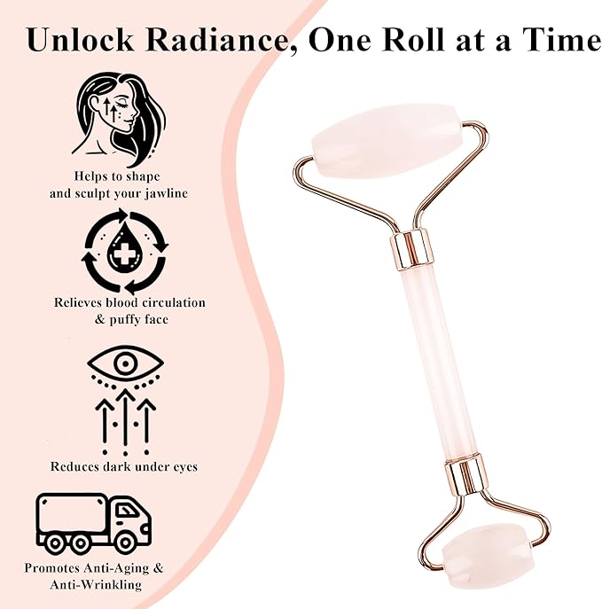 Natural Jade Roller for Face - Aging Wrinkles, Puffiness Facial Skin Massager Treatment Therapy - Premium Jade Stone, by Crystal Lemon (Rose Quartz)