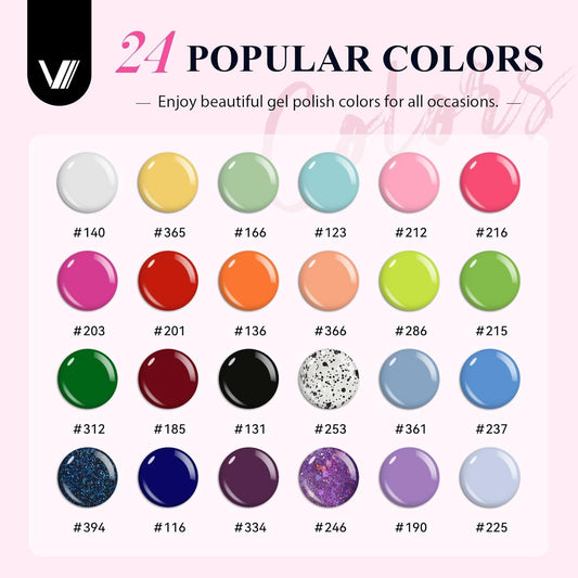VANREESA 42 Pcs Gel Nail Polish Kit with U V Light 24 Colors Gel Polish Nail Kit Bright Pink Orange Green Glitter Blue Purple Nail Kit for Beginners Gifts for Women DIY at Home