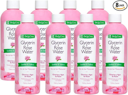 De La Cruz Rose Water and Glycerin for Face - Rosewater Facial Toner and Moisturizer for Skin and Hair 8 fl oz (236 mL) - 8 Bottles