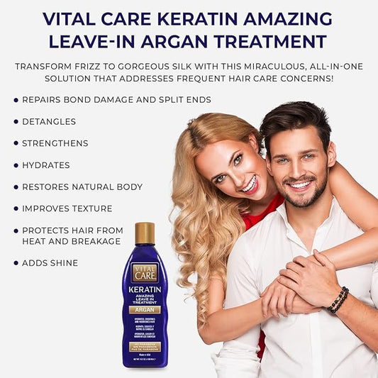 Vital Care Keratin Amazing Leave-In Treatment Argan - Gentle Keratin Complex Hair Treatment is Non-Stripping for Daily Use, Hydrating & Repairing - Abyssinian, Avocado & Sunflower Seed Oil