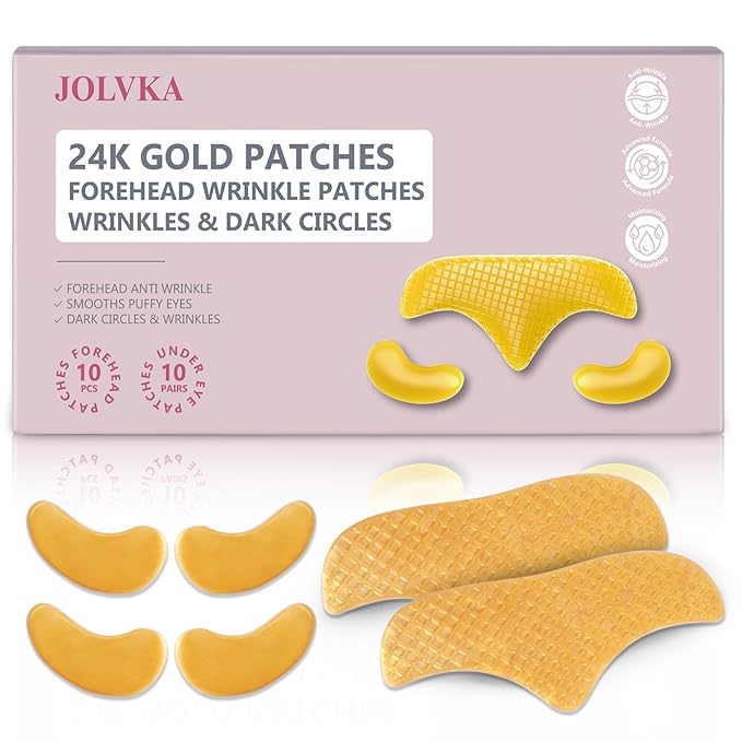 10PCS 24K Gold Forehead Anti Wrinkle Patches & 10Pair 24K Gold Eye Masks, Anti Wrinkle Patches with Collagen, Forehead Wrinkle Patches T-Zone Patch,Collagen Eye Patches for Puffiness and Dark Circles