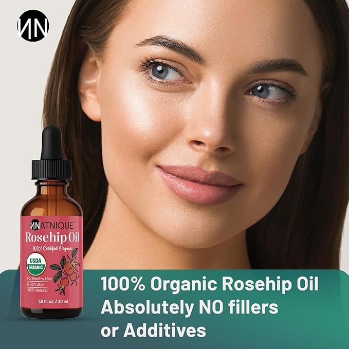 Rosehip Seed Oil Organic 1oz, USDA Certified, 100% Pure Rosehip Oil for Face, Hair & Skin. Cold Pressed Natural Moisturizer for Hair, Skin Scalp & Nails. Ideal to use for Gua Sha Massage.