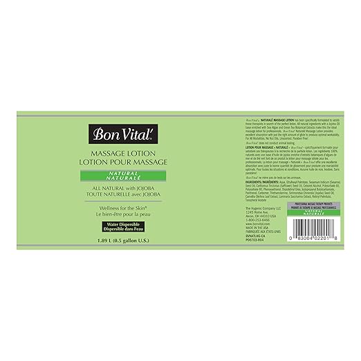 Bon Vital' Naturale Massage Lotion with Natural Ingredients for Earth-Friendly Massage, All Natural Moisturizer, Relieves Muscle Soreness and Increases Circulation, 1/2 Gal, Label may Vary
