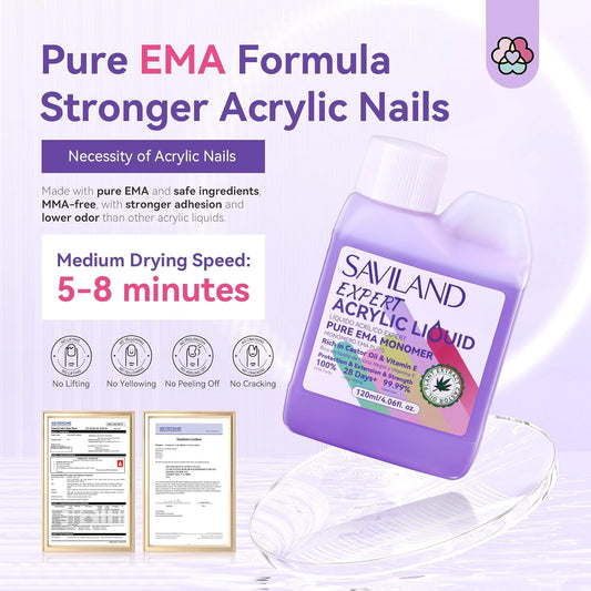 SAVILAND EMA Odorless Monomer Acrylic Liquid: 4 oz Acrylic Nail Monomer for Acrylic Powder, Premium Acrylic Nail Brush Nail Primer Top Gel, Acrylic Nail Kit for Manicurist