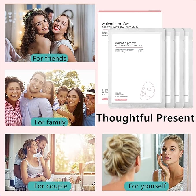 Collagen Mask Bio-Collagen Mask Deep Hydrating Overnight Collagen Sheet Masks Pore Minimizing Elasticity lmprovement Lifting Real Collagen Essence Hydrating Moisturizing Facial Mask Sheets 4 Packs