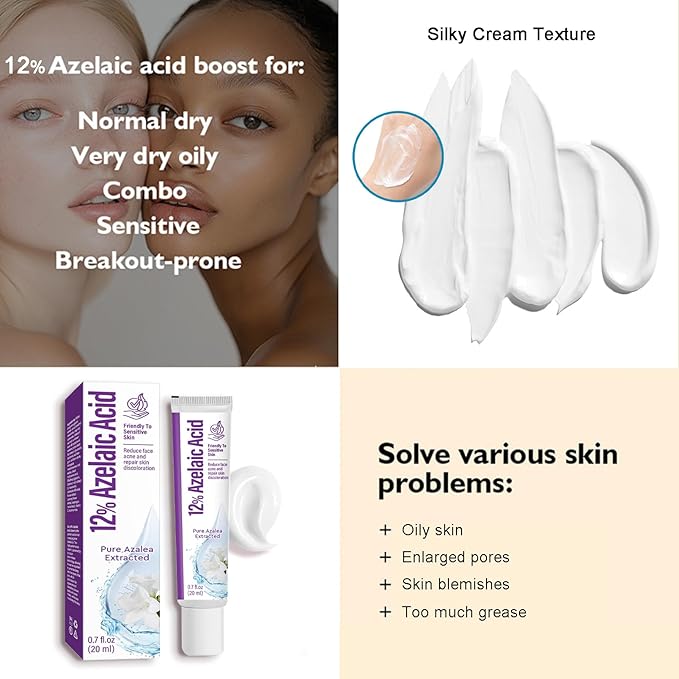 Azelaic Acid Serum 12% Azelaic Acid Cream, Azelaic Acid Facial Cream, Facial Serum with Hyaluronic Acid and Niacinamide, Redness Reducing Skin Care, Balances Excess Sebum