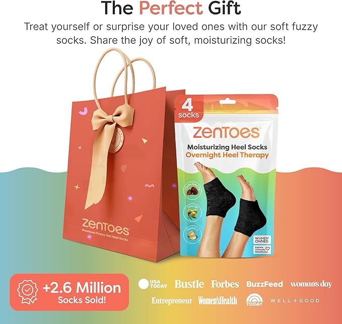 ZenToes Moisturizing Socks for Cracked Heel Treatment - Vitamin E, Olive Oil and Jojoba Oil Infused Heel Socks to Soften and Hydrate (Fuzzy Black, Regular)