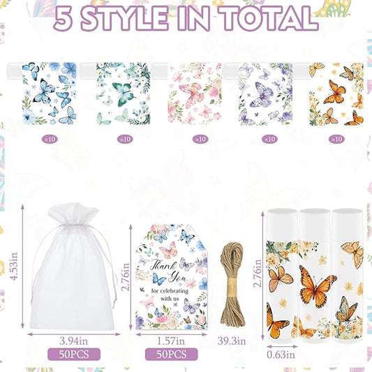 50Pcs Butterfly Baby Shower Favors Lip Balm Bulk Thank You Gift for Women Staff Moisturizing Lip Care with Organza Bag and Tag for Bridal Shower Mother's Day Party Favor Supplies (Butterfly)