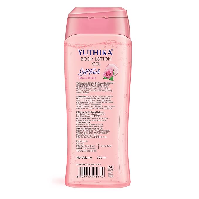 Yuthika Body Lotion Gel Refreshing Rose 300ml Pack of 1, Soft Touch Gel Body Lotion for Summer, Winter, Light Moisture for Face and All Skin Types, Rose Body Lotion