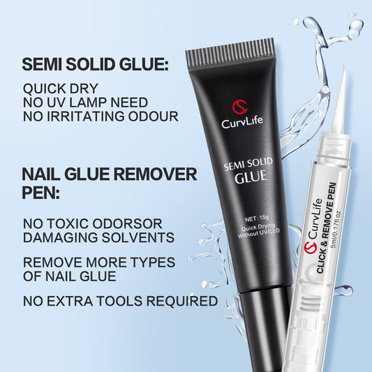Curvlife 15g Semi Solid Nail Glue Gel with 5ml 3 in 1Nail Glue Remover, No Need for Uv Light, Gel for Press On Nails, Click&Remove Pen Design