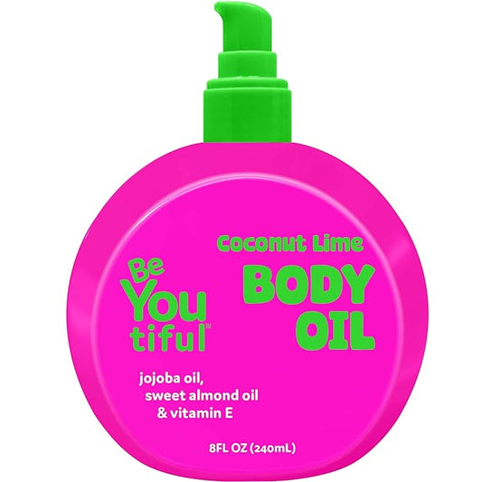 BeYoutiful Coconut Lime Body Oil for Kids & Teens, Hydrating Glow Oil for All Day Moisture with Jojoba & Sweet Almond, Soft, Smooth Skin, 8 oz