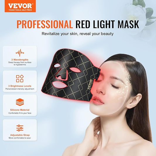VEVOR Red Light Face Mask, LED Face Mask with 3 Wavelengths and 3 Intensity Levels, Soft Silicone Facial Skin Care Device for Skin Health, Anti Aging Wrinkles, Portable for Travel and Home Use