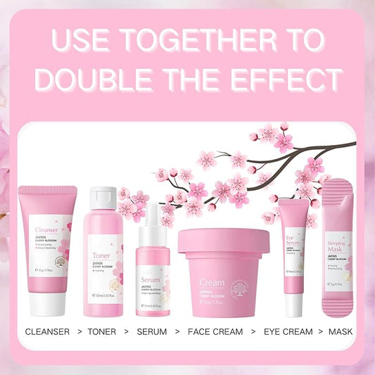 Sakura Skin Care Set, Women Gift Sets, Skin Care Kit with Cleanser, Toner, Serum, Eye Cream, Face Cream and 2Pcs Sleep Mask, Skin Care Routine Kit for Women, Even Skin Tone, Skin Care Sets & Kits